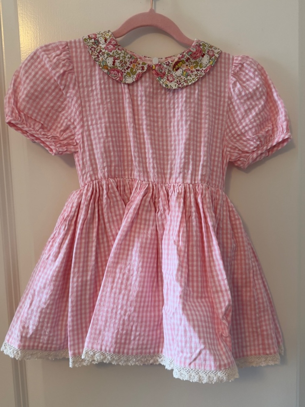 3T Numi Girls' Pink Gingham Dress with Hello Kitty Floral Peter Pan Collar